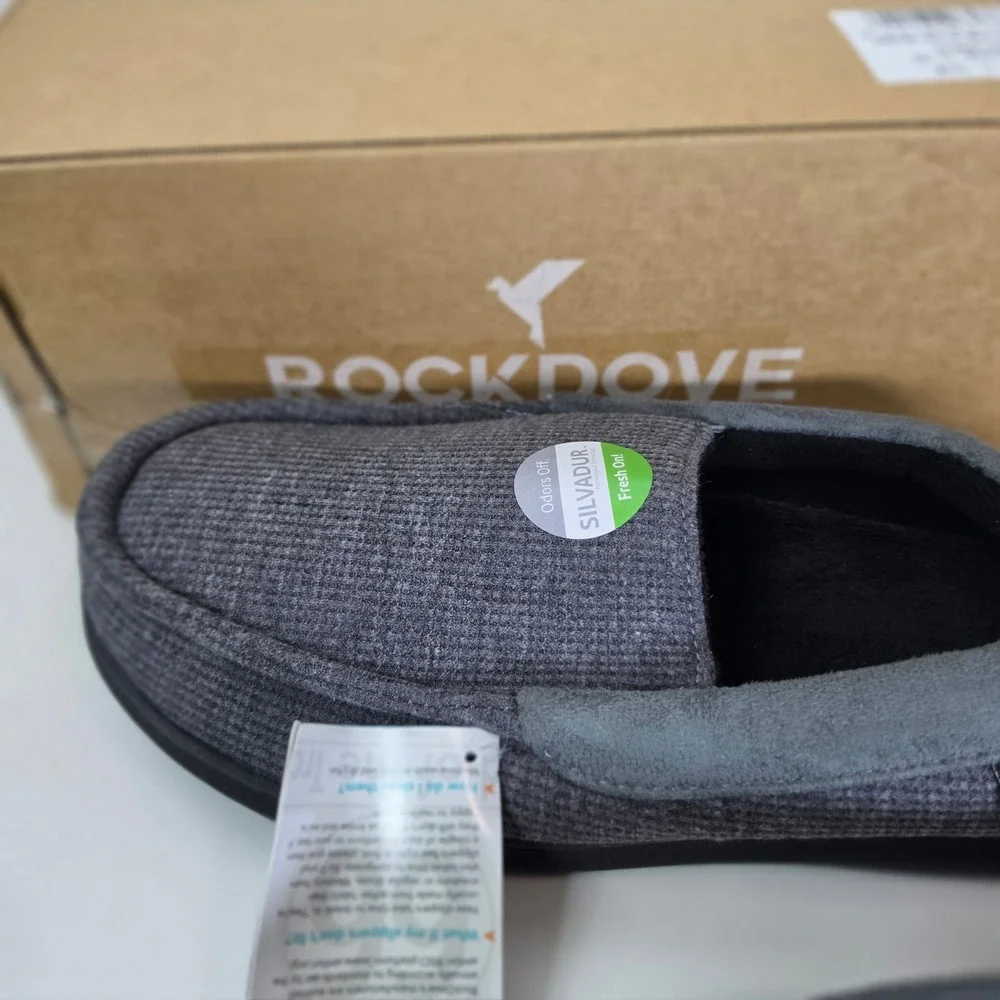 RockDove Mens SILVADUR Anti-Odor Waffle Knit Memory Foam Moc Slippers Grey Sz 9